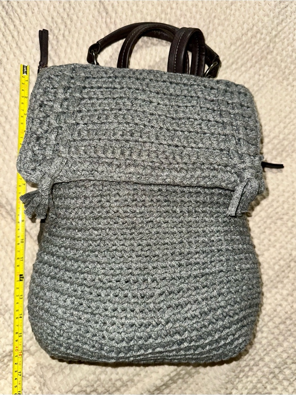 The Sak Gray Crochet Knit Backpack with Brown Handles